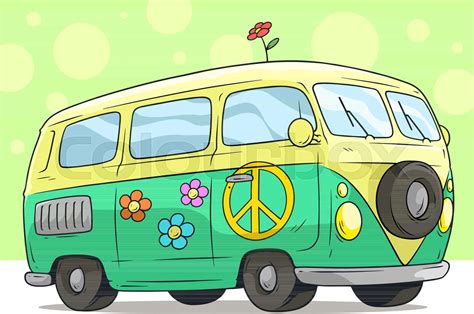 Cartoon Retro Van Bus With Peace Sign And Flower Stock Vector Colourbox
