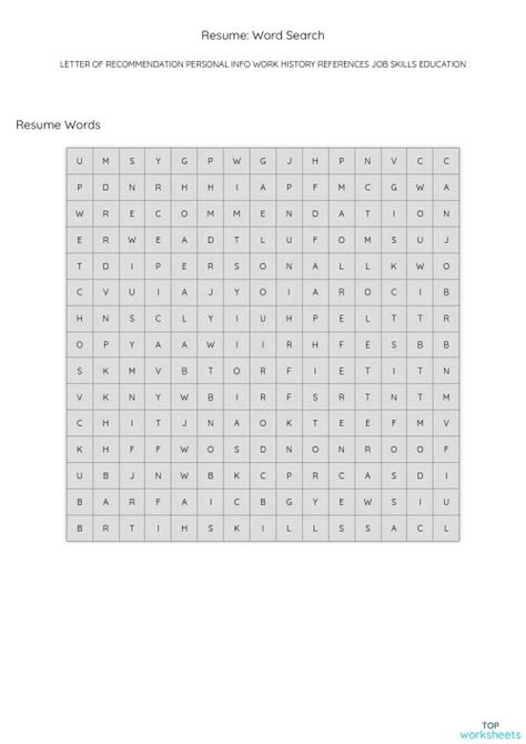 Resume Word Search Interactive Worksheet Topworksheets