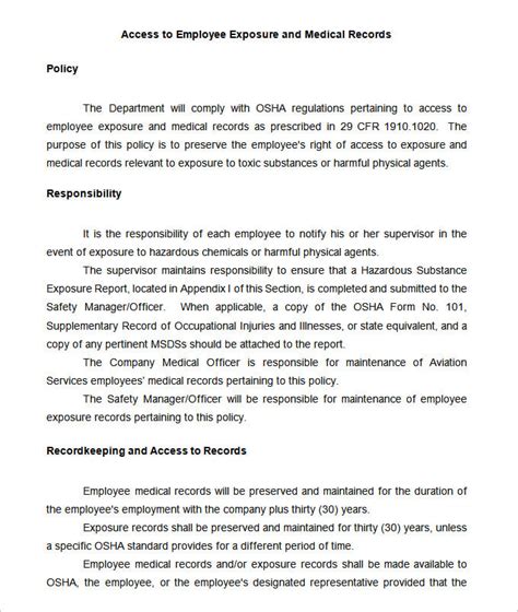 Access To Employee Medical And Exposure Records Template