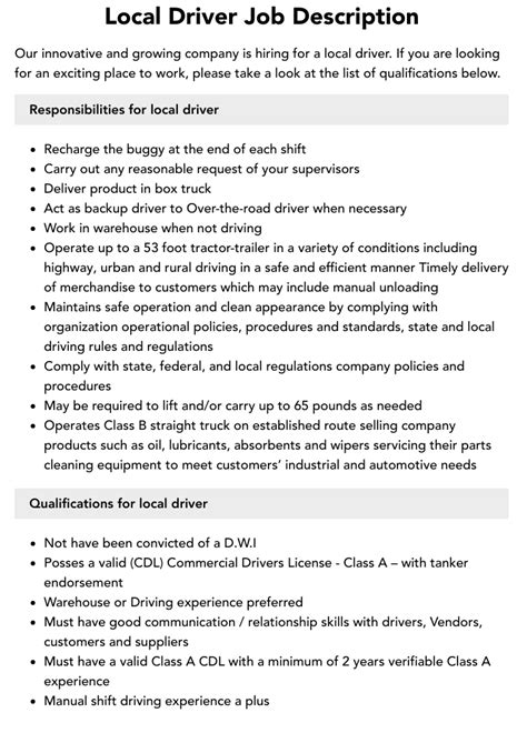 Local Driver Job Description Velvet Jobs