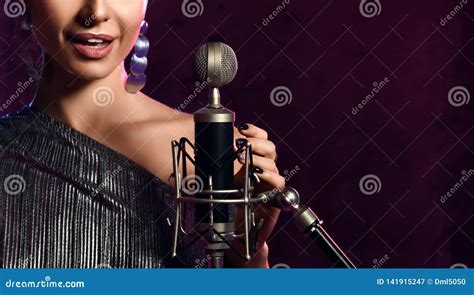 Beautiful Singing Girl Curly Afro Hair Singer Sing With Microphone