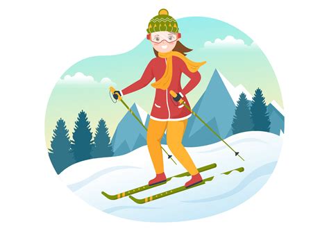 Ski Illustration With Skiers Sliding Near Mountain Going Downhill In