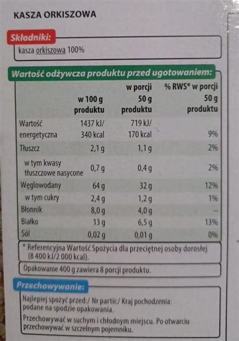 Kasza Orkiszowa Plony Natury Kalorie Kj A Nutri N Hodnoty