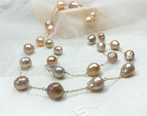 Metallic Baroque Pearls Long Necklace Fireball Pearls In 14K Gold