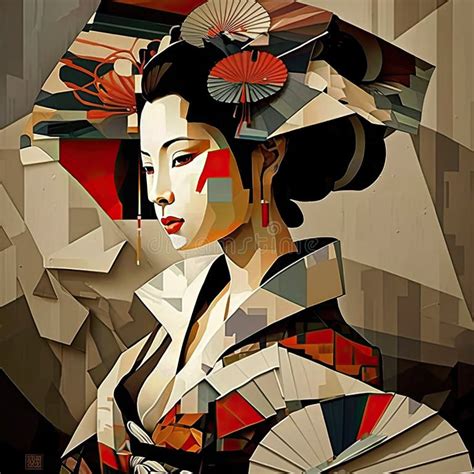 cubist geisha  elaborate hairstyle abstract illustration