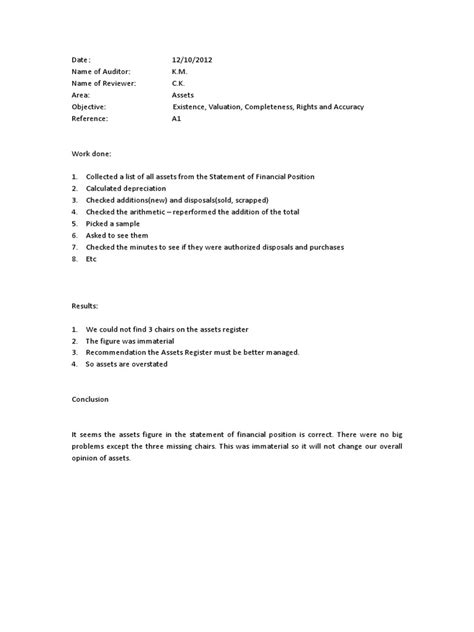 Example Of A Working Paper Financial Audit Business Economics