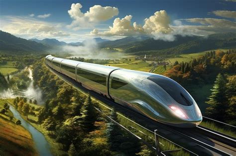 Premium Photo A Silver Train Traveling Through A Lush Green Countryside