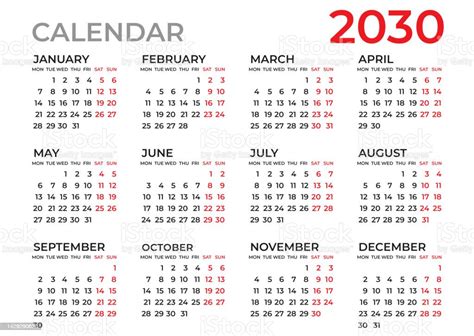 Calendar 2030 Template Planner 2030 Year Wall Calendar 2030 Template Week Starts Monday Set Of ...