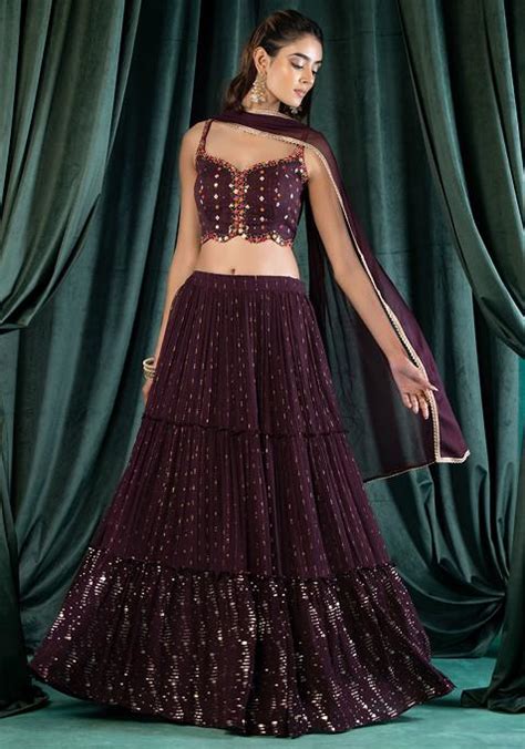 Buy Women Dark Purple Sequin Embroidered Tiered Lehenga Set With