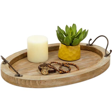 Oval Wooden Serving Tray With Handles Decorative Platter For Coffee