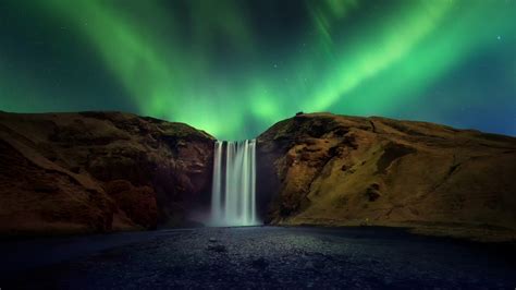 Sk Gafoss Waterfall With Aurora Borealis Or Northern Light Iceland