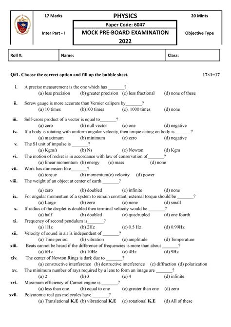 Physics 1st Year Pre Board 2021 17 Marks Physics 20 Mints Inter Part I Paper Code 6047 Mock