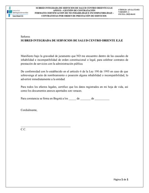 4 Formato Certificacion DE NO Inhabilidad E Incompatibilidad Contrato