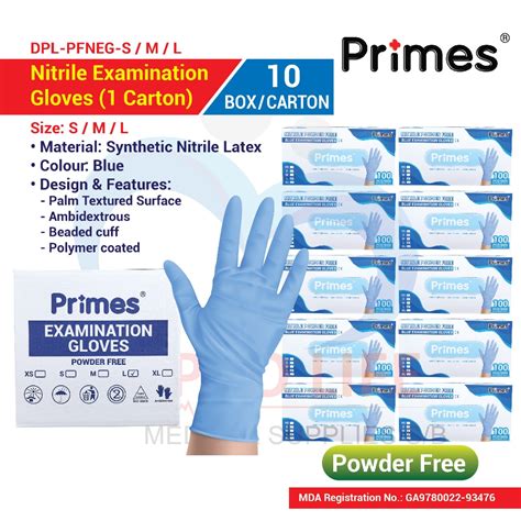 Primes Nitrile Examination Gloves Powder Free Carton Boxs Blue S