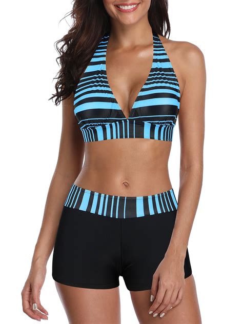 Two Piece Push Up Swimsuits For Women High Waisted Tummy Control Sporty Bikini Sets Blue Black