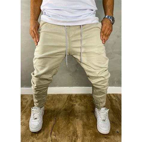 Calça Jogger Slim Sarja Masculina Calca Jogue jeans jooger Bege Clara