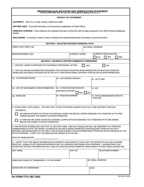 Da Form 7774 Promotion Qualification And Verification Statement