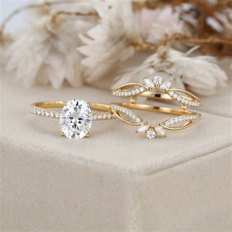 2 Carat Oval Cut Moissanite Engagement Ring Set 14k Yellow Gold Vintage Cluster Bridal Set