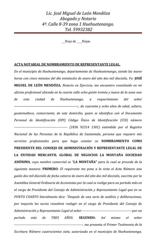 Acta Notarial De Nombramiento De Representante Legal Issuu Free