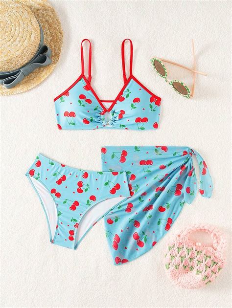 Teen Girls Cherry Print Bikini Set With Beach Skirt Summer Beach