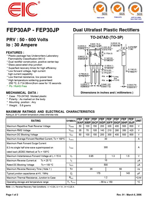 FEP30GP Datasheet PDF Dual Ultrafast Plastic Rectifiers