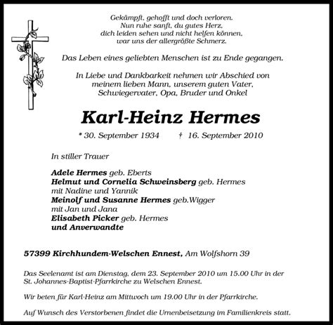 Traueranzeigen Von Karl Heinz Hermes Trauer In Nrw De