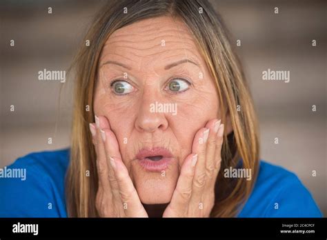 Portrait Attractive Mature Woman With Shocked Surprised Anxious