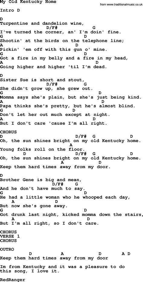 Printable Lyrics To My Old Kentucky Home