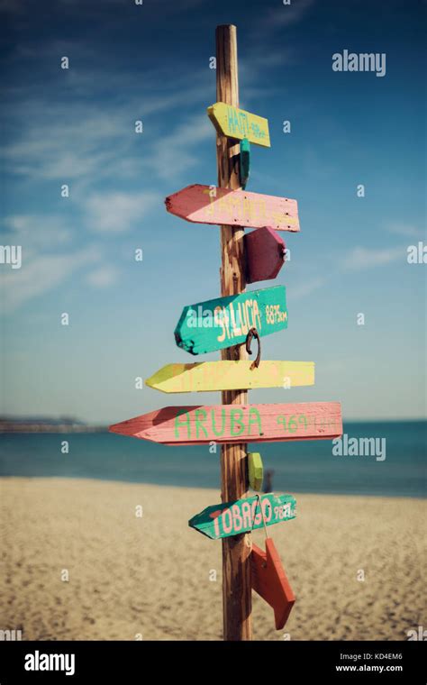 Wooden Handmade Signpost On The Tropic Beach Stock Photo Alamy