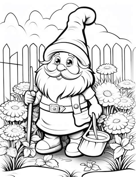 Un gnome de dessin animé avec une pelle et un seau dans un jardin ai