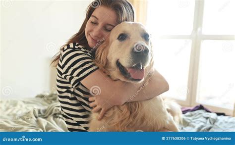 Chica Con Perro Recuperador De Oro En La Cama Metrajes V Deo De