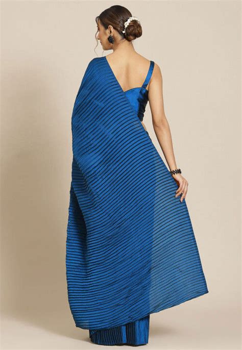 Buy Accordion Pleated Polyester Saree In Teal Blue Online SGFA102