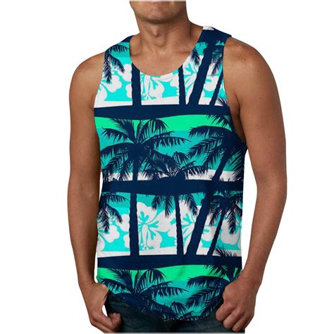 Echfiprom Green Mens Workout Tops Sleeveless Tank Tops Tropical Hawaiian Palm Tree Round Neck