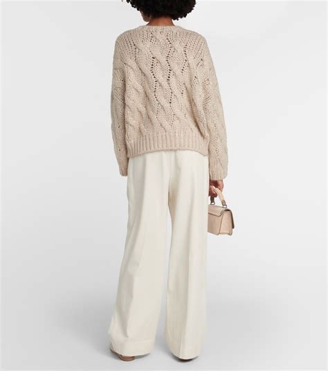 Cable Knit Mohair Blend Sweater In Beige Brunello Cucinelli