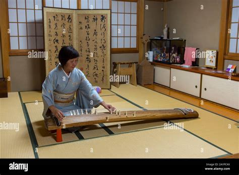 A Japanese Woman In A Kimono In Kyoto Japan Is Playing The Koto A