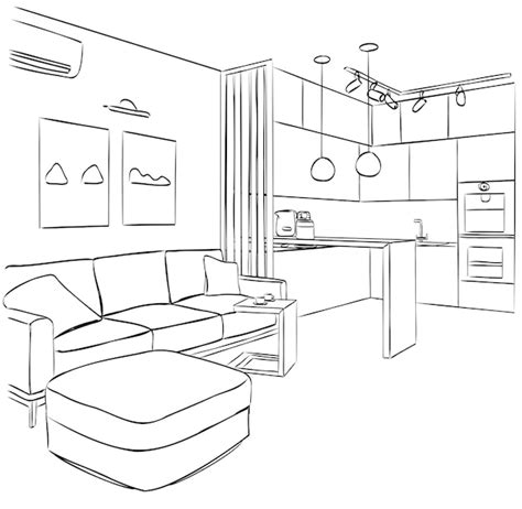 Premium Vector Interior Kitchen Living Room Sketch