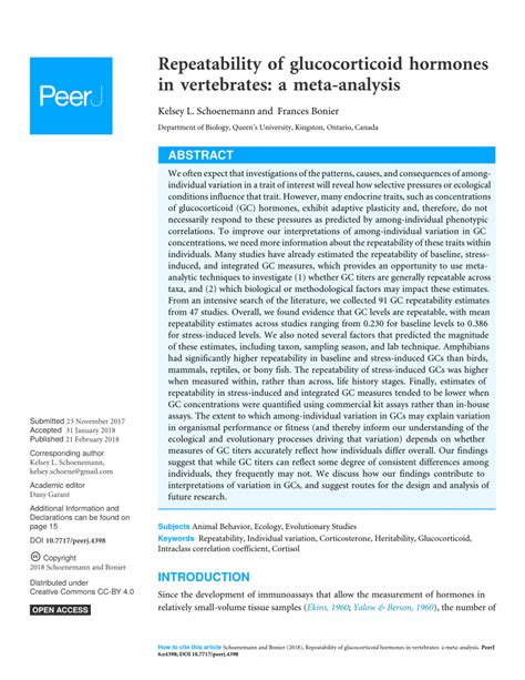 PDF Repeatability Of Glucocorticoid Hormones In Vertebrates A Meta