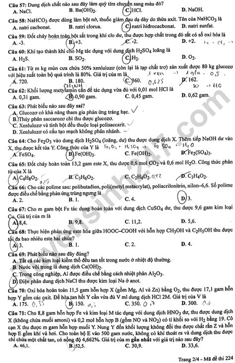 Đáp án đề Thi Môn Hóa Mã đề 224 Kỳ Thi Thpt Quốc Gia Năm 2023