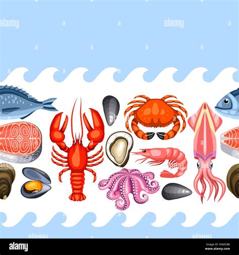 Seamless Pattern With Various Seafood Illustration Of Fish Shellfish