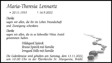 Traueranzeigen Von Maria Theresia Lennartz Wirtrauern