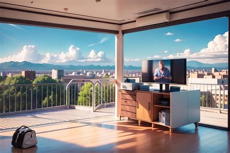 Premium Ai Image A Man Is Watching A Tv In A Living Room With A View