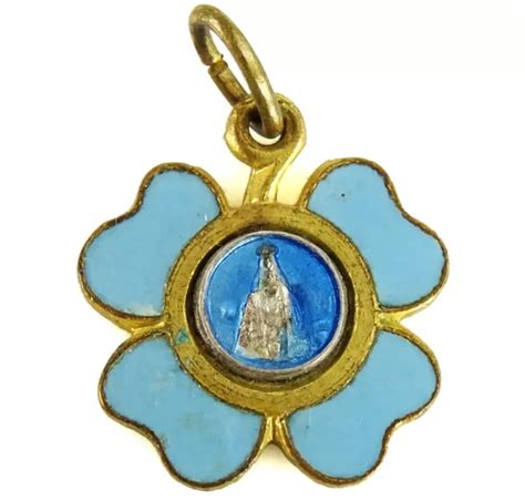 OUR LADY NOTRE Dame Du Puy Vintage Medal Pendant Blue Enamel Four Leaf