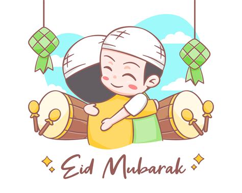 Eid mubarak greeting card with cute muslim boys cartoon illustration ...