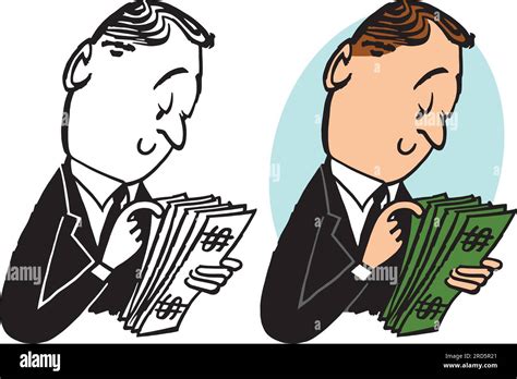 A Vintage Retro Cartoon Of A Businessman Counting A Stack Of Dollar