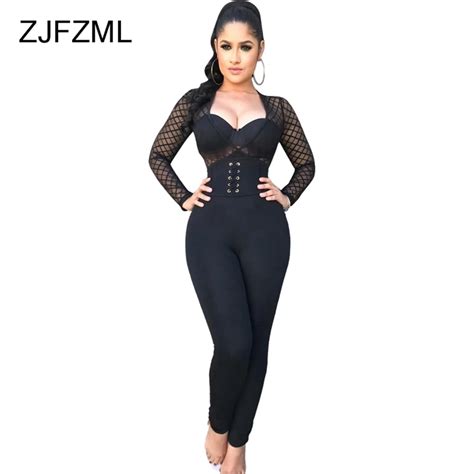 ZJFZML Women Mesh Jumpsuits Sexy V Neck Hollow Sheath Rompers Long