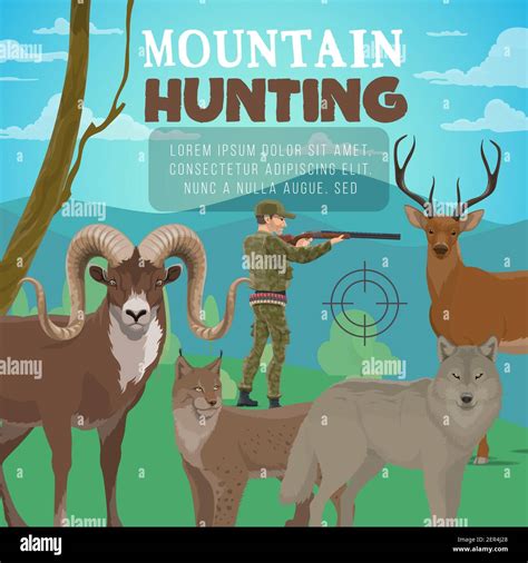 Mountain Animal Trophy Hunting Sport Banner Mountain Ram Lynx And