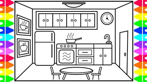 How To Draw A Kitchen Easy For Kids 💜💚💛🍽 Kitchen Drawing And Coloring