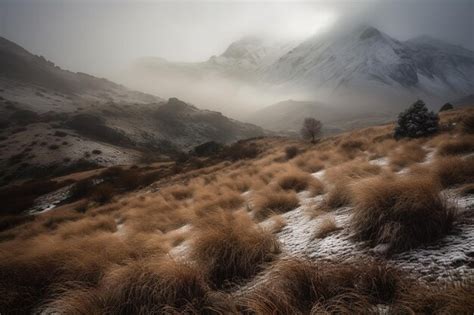 Premium Photo | A snowy landscape with mountains in the background