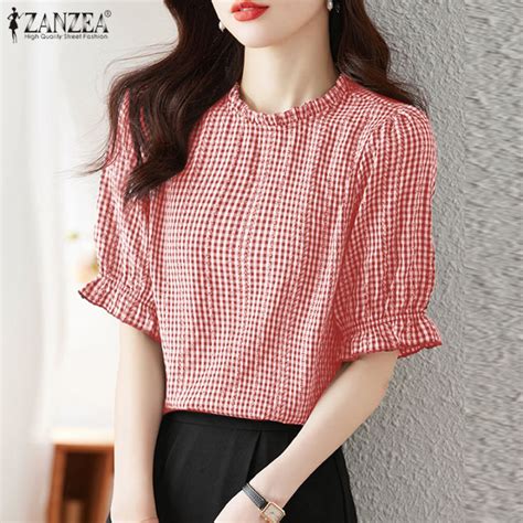 Zanzea Korean Style Women New Fashion Lattice Printed Top Casual Loose