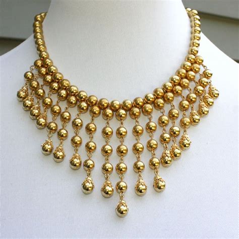 Vintage Egyptian Style Gold Bead Necklace Etsy Gold Bead Necklace